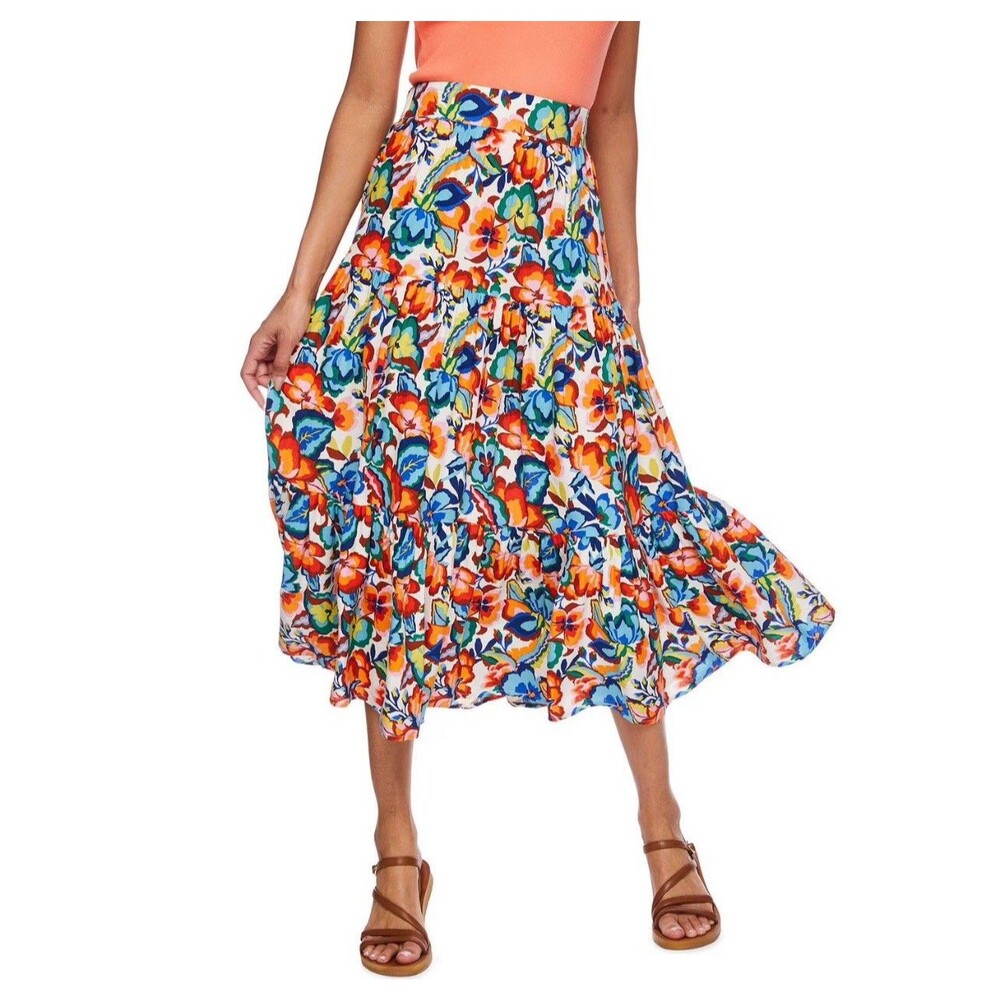George Skirt Women's Size XL Red Orange Floral Tiered A-Line Flare Festival Midi